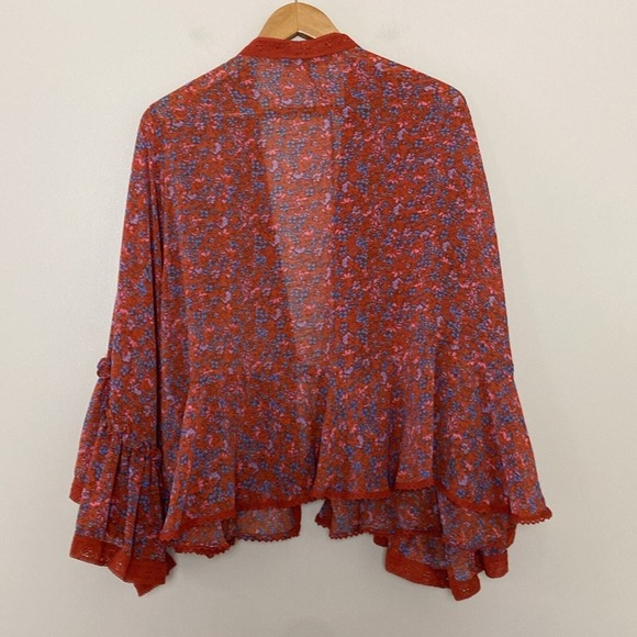Free People Lola Kimono in Wild Red Ditsy Floral Tassel Tie Front Bell Sleeves S - Picture 11 of 15